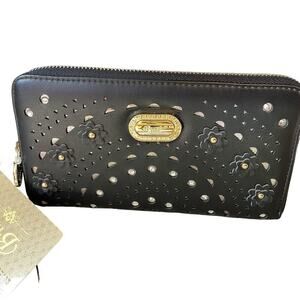 Brangio Italy Women's Wallet Faux Leather Black Floral Rhinestones Logo NWD Read